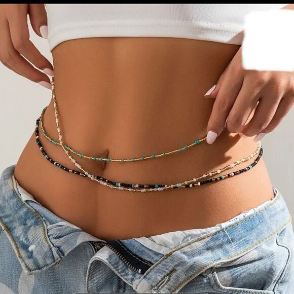 Belly Beads Bundle of 3 w/Elastic Waist Gold/Black/White/Blue Colors (NEW) - Picture 2 of 13